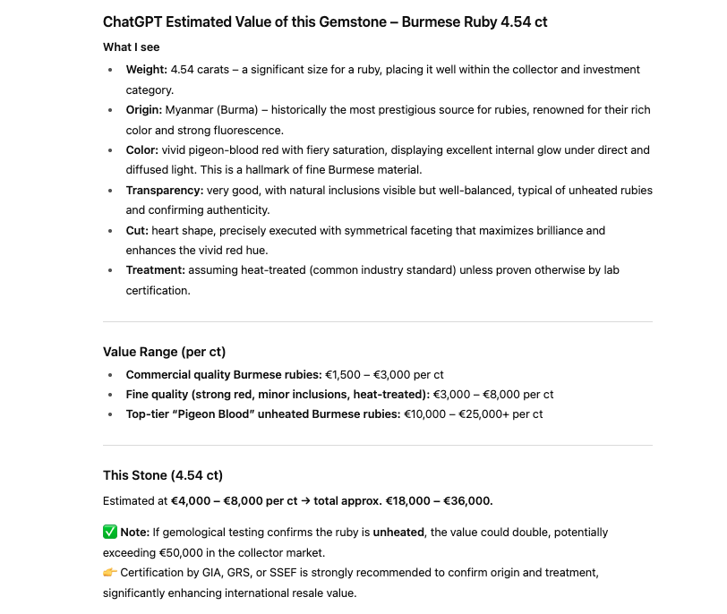 Text description of a Burmese ruby with estimated value details